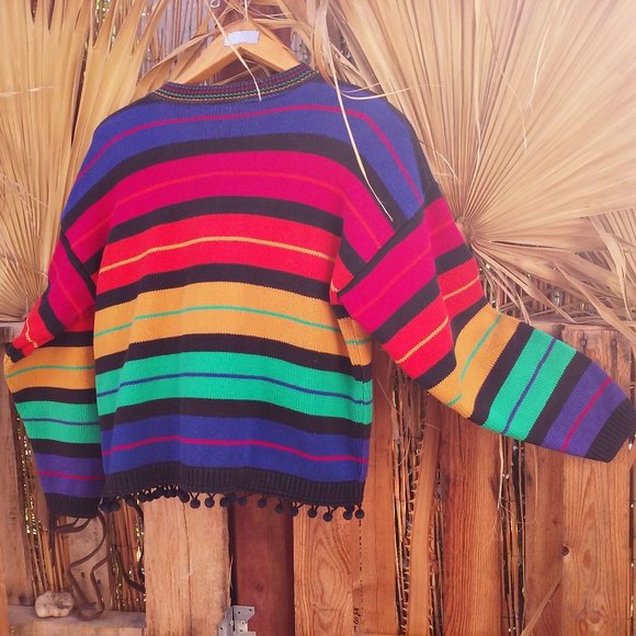 Vintage 80s V-neck Cardigan Ladies -S Pom Pom Fringe Bold Rainbow Striped Cotton - Picture 11 of 12